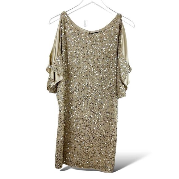 Aidan Mattox Silk Dress Gold Beaded Sequin Cold Shoulder Mini Cocktail Prom Sz 2 - Picture 3 of 15